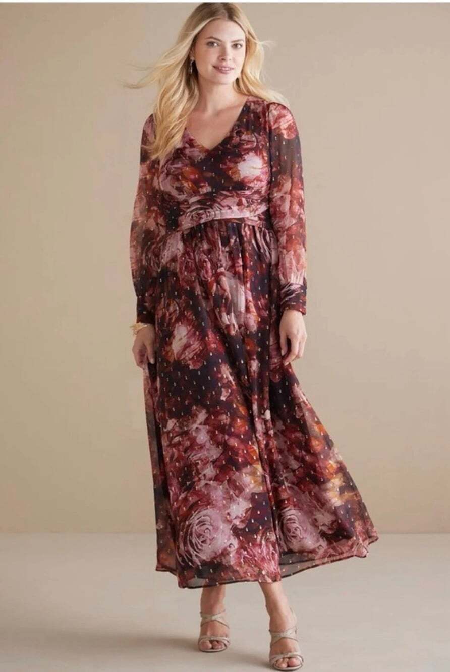 NWT Soft Surroundings Rina Silk Maxi Dress Wedding Formal Floral Pink Gold 6 New